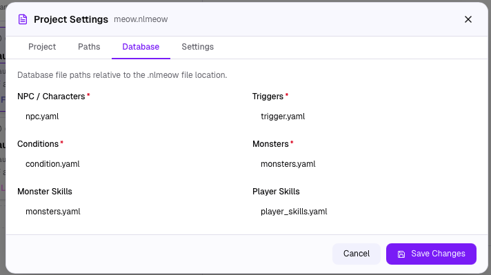 프로젝트 설정 - Database 탭
